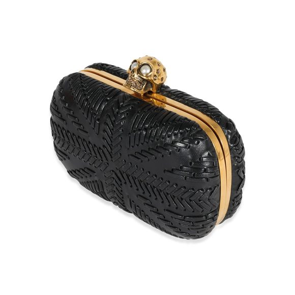 Alexander McQueen Black Woven Leather Brittania Skull Box Clutch - Picture 2 of 7